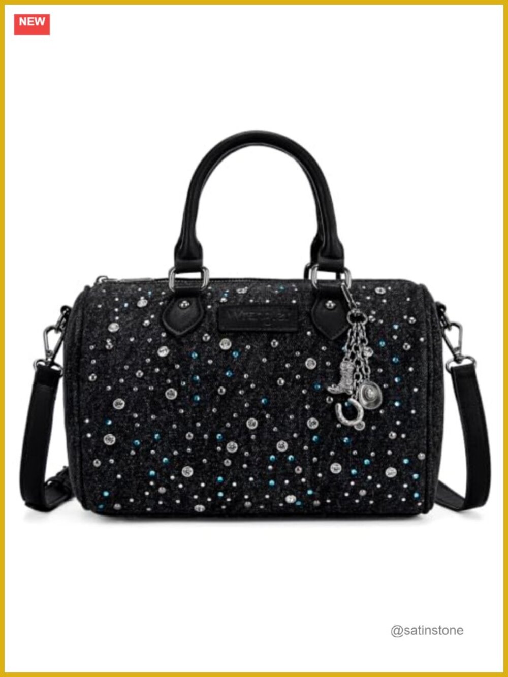 Rhinestone Denim Barrel Bag Crossbody Satchel Top-Handle Purse